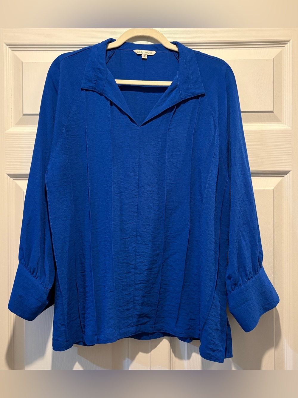 John Mark Cobalt Blue Collared Split V-Neck Tunic Top 3/4 Sleeves Sz M NEW